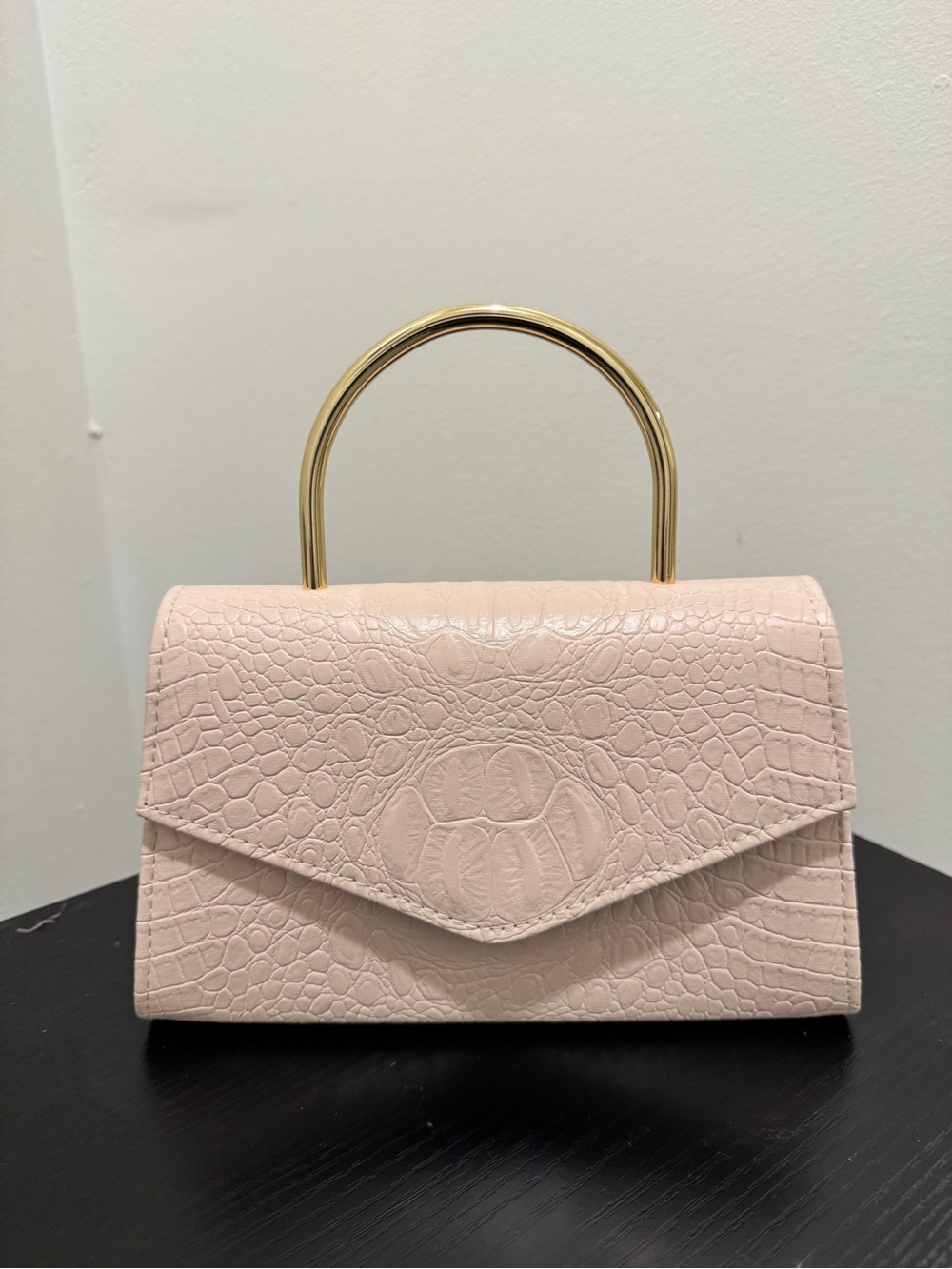 Elegant Blush Croc-Embossed Top-Handle Bag with Gold Handle